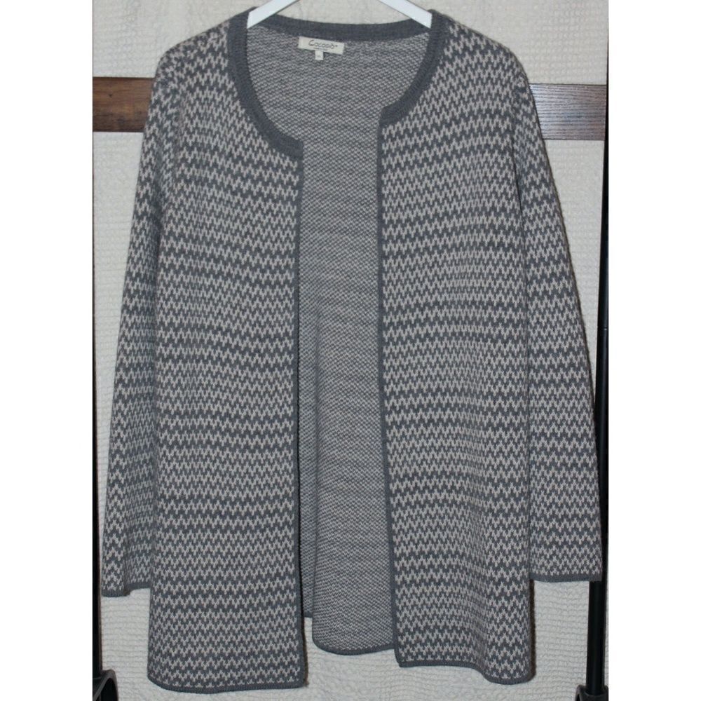 COCOGIO Women's Grey Cream Herringbone Open Cardigan Sweater Size Large